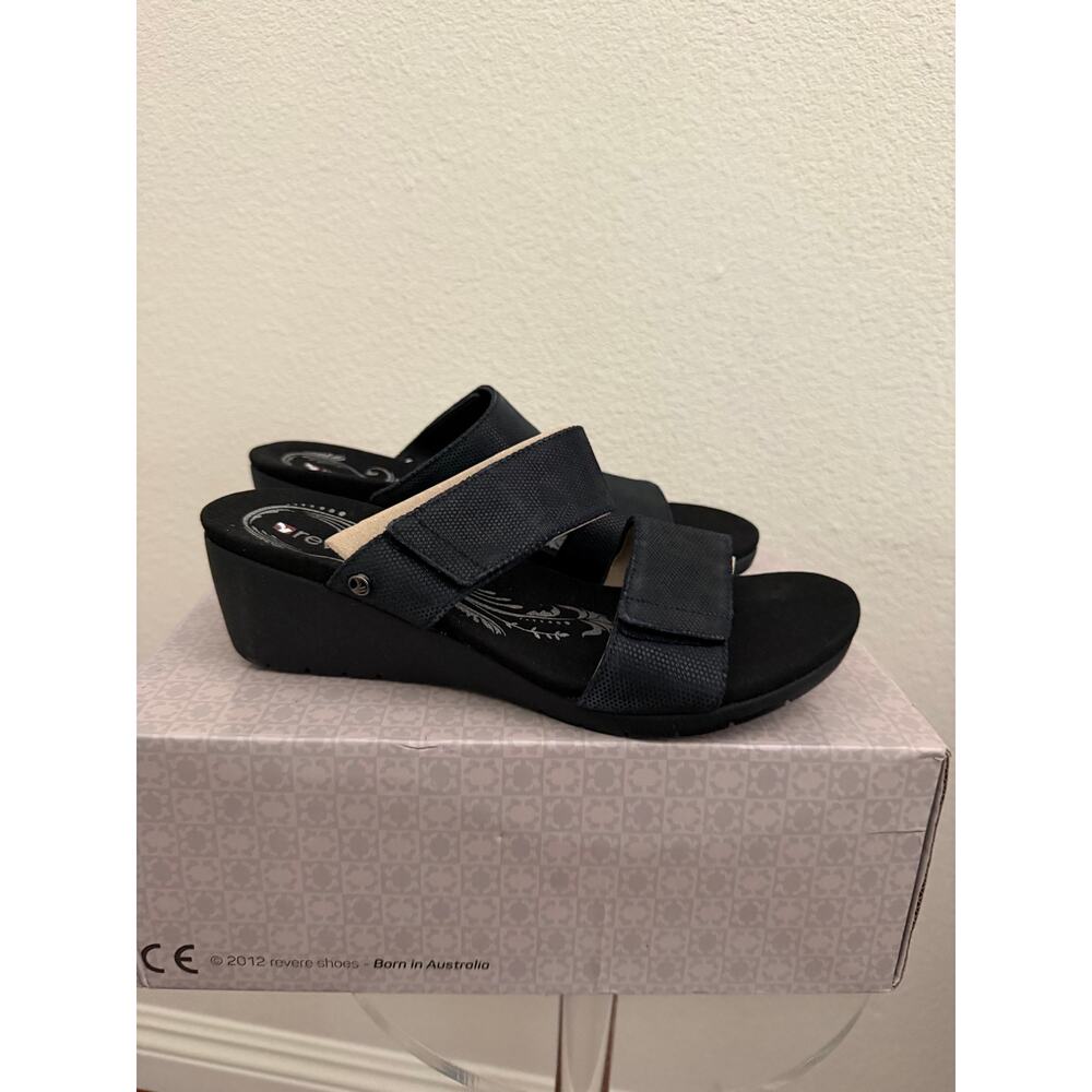 New Revere Sorrento wedge black angle sandals sz 7 - Picture 5 of 7